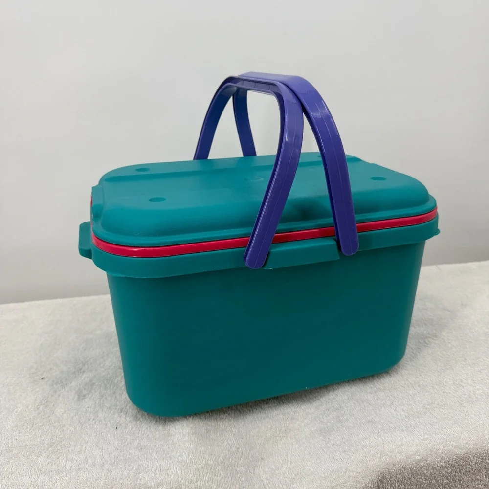 Vtg Eagle Craftstor Sewing Craft Storage Organizer Tote Bin Teal Purple Pink USA